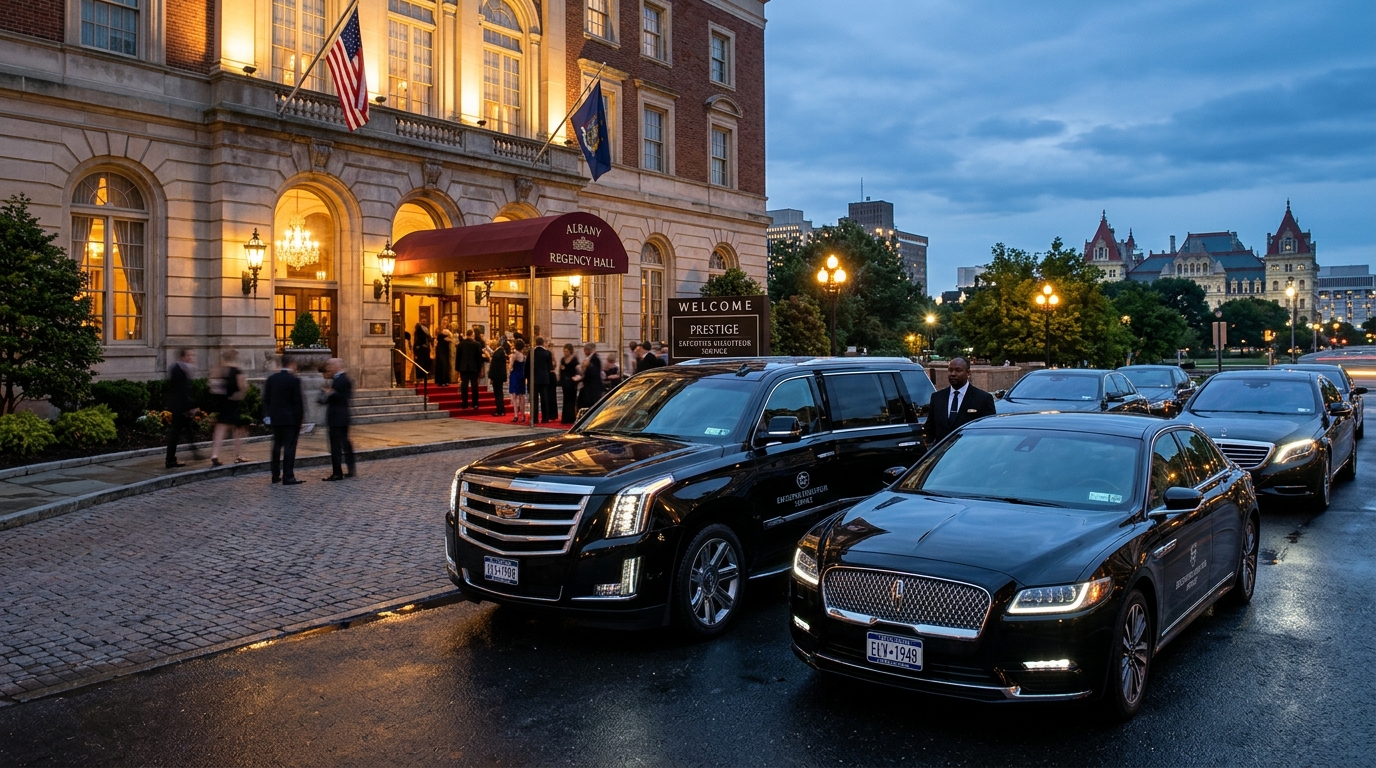 Tour the fleet of luxury cars at Prestige Car Service fleet in Albany NY - Lincoln sedan chauffeur service, Cadillac Escalade ESV rental, Escalade ESV Platinum 2026, wedding car service Albany, and prom nite luxury transportation